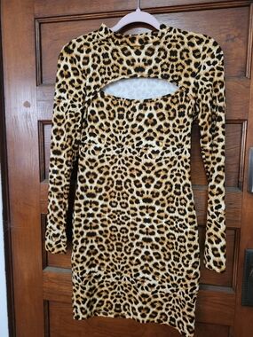 SHEIN Leopard Print Long Sleeve Cutout Bodycon Dress - Tan, Black